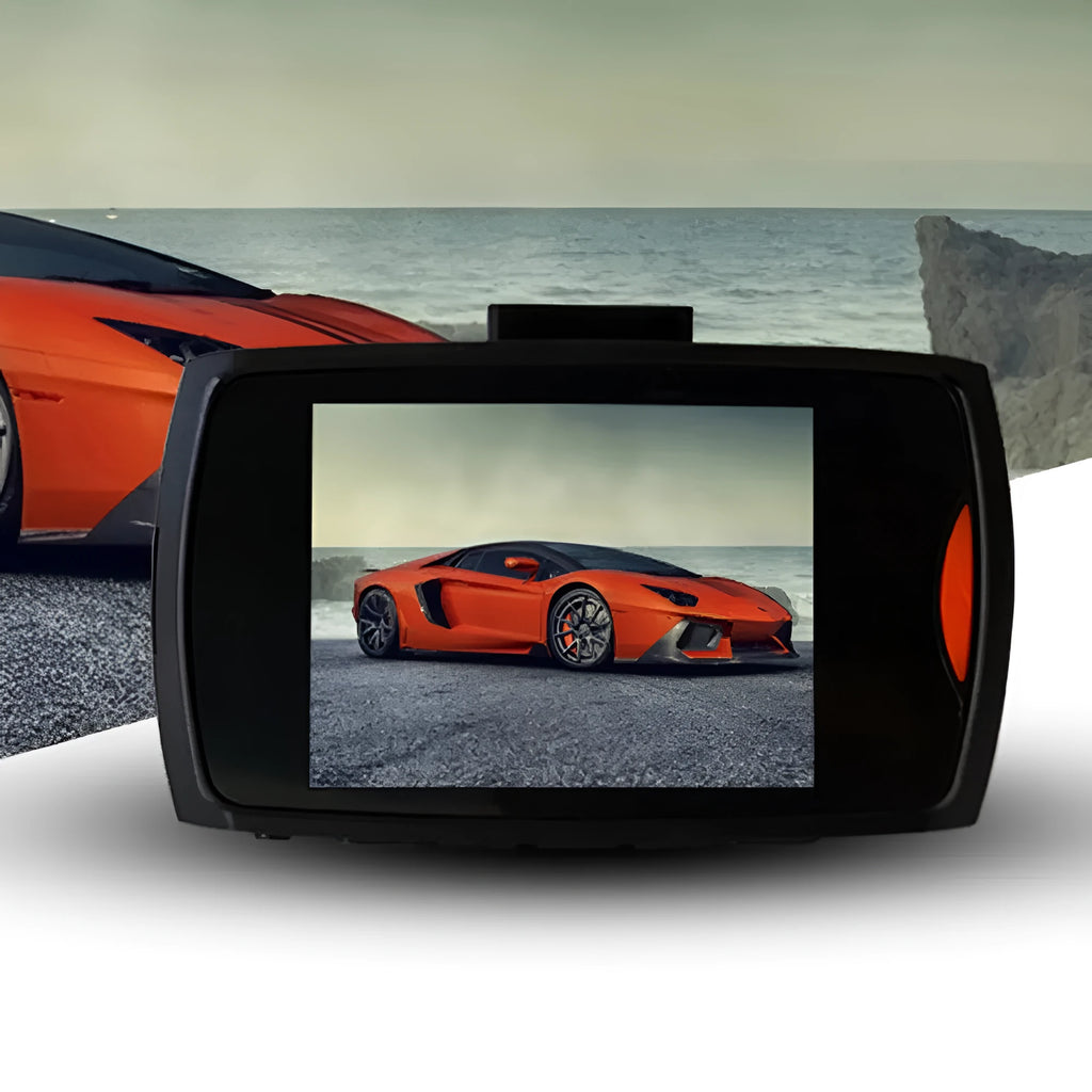 Compact black 1080P night vision dash camera with wide-angle lens mounted on car windscreen