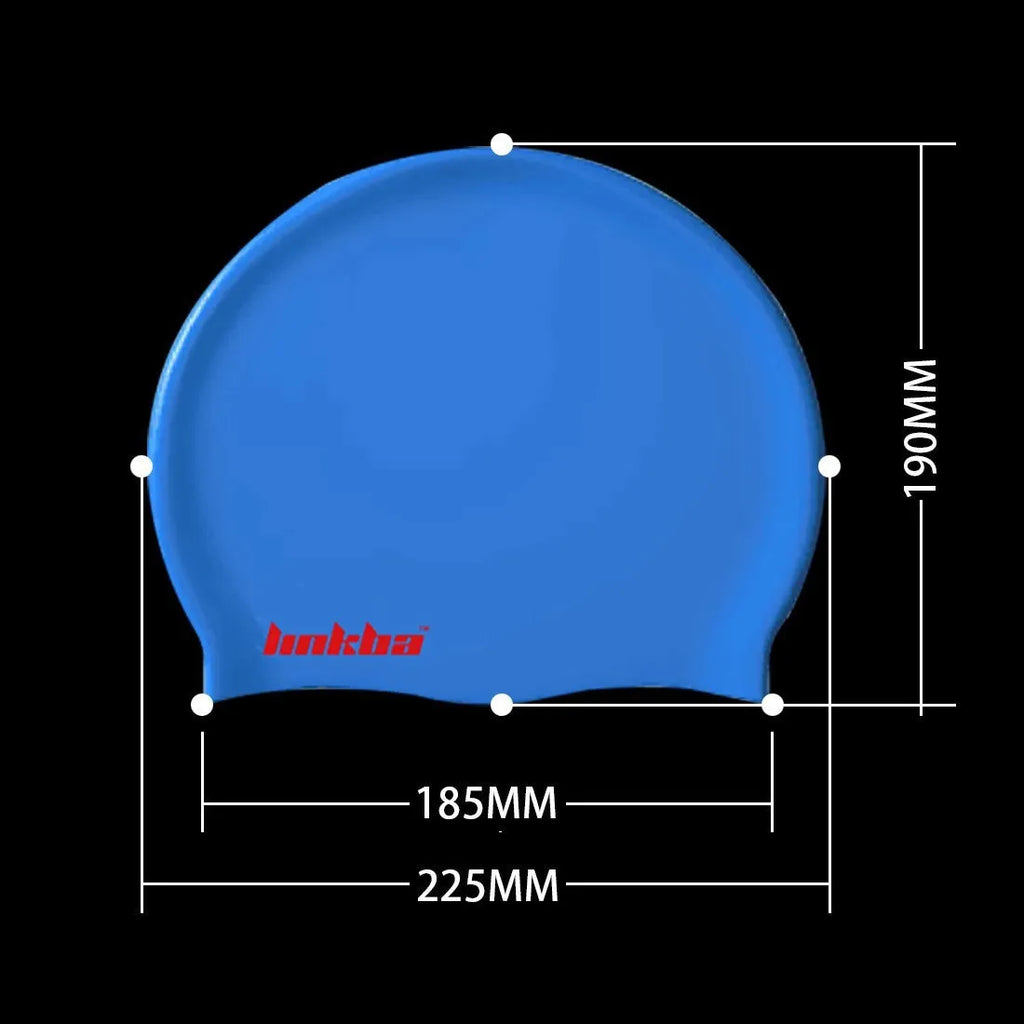 Silicone swimming cap covering ears in blue colour with white letter pattern
