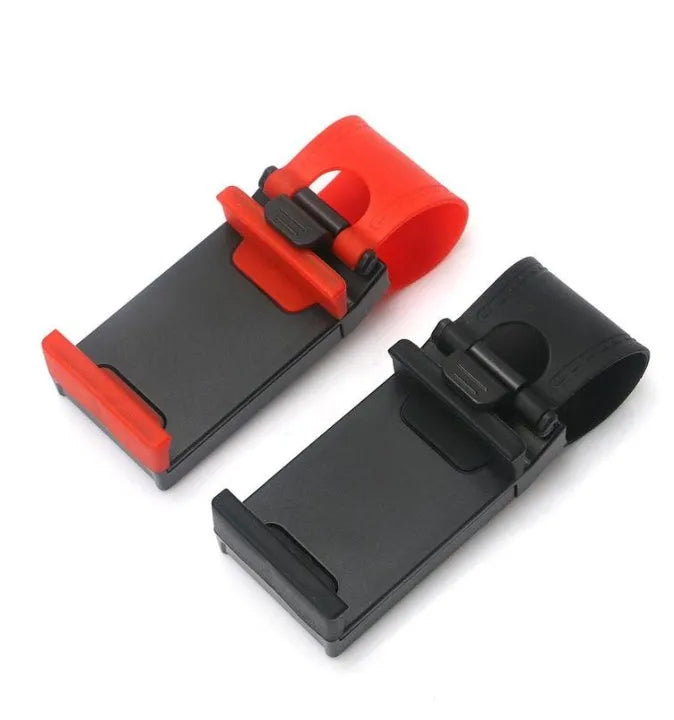 Universal black steering wheel phone mount holder clipped onto a car wheel