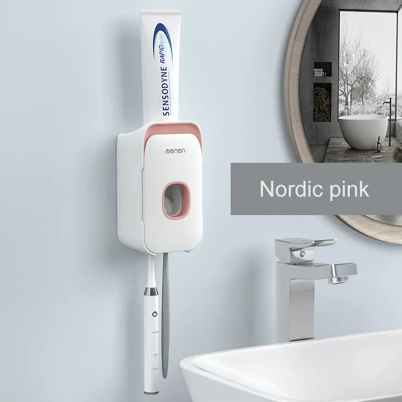 Automatic toothpaste dispenser in blue, grey or pink colours with sensor activation