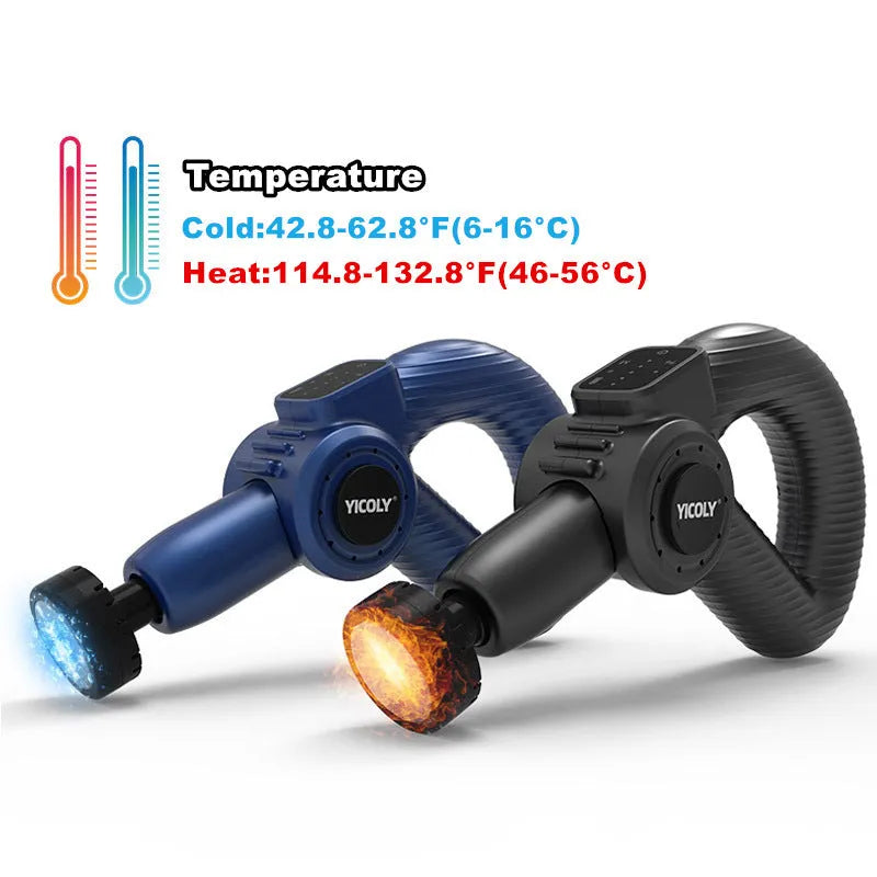 Black smart muscle massage gun with adjustable handle and five different massage heads on a table.
