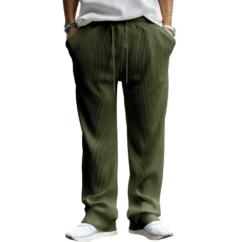 Men's straight leg casual trousers in army green with high waist and striped pattern