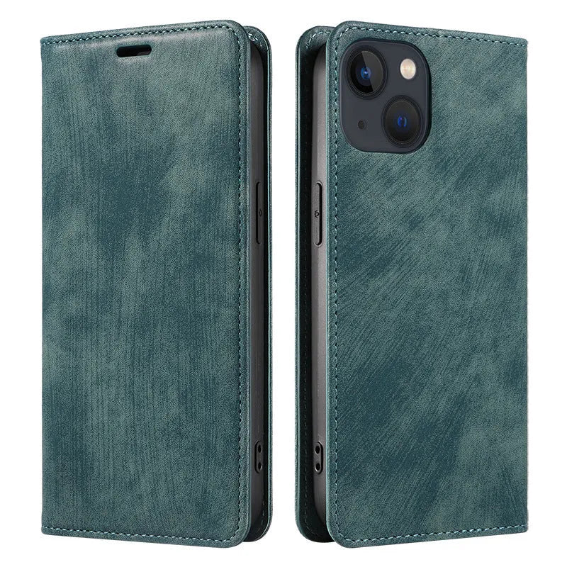 Magnetic leather flip phone case for iPhone in solid colours showing front and back views.