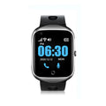 Square faced elderly smartwatch with GPS and SIM card slot on a silicone strap, shown in black, blue, and silver.