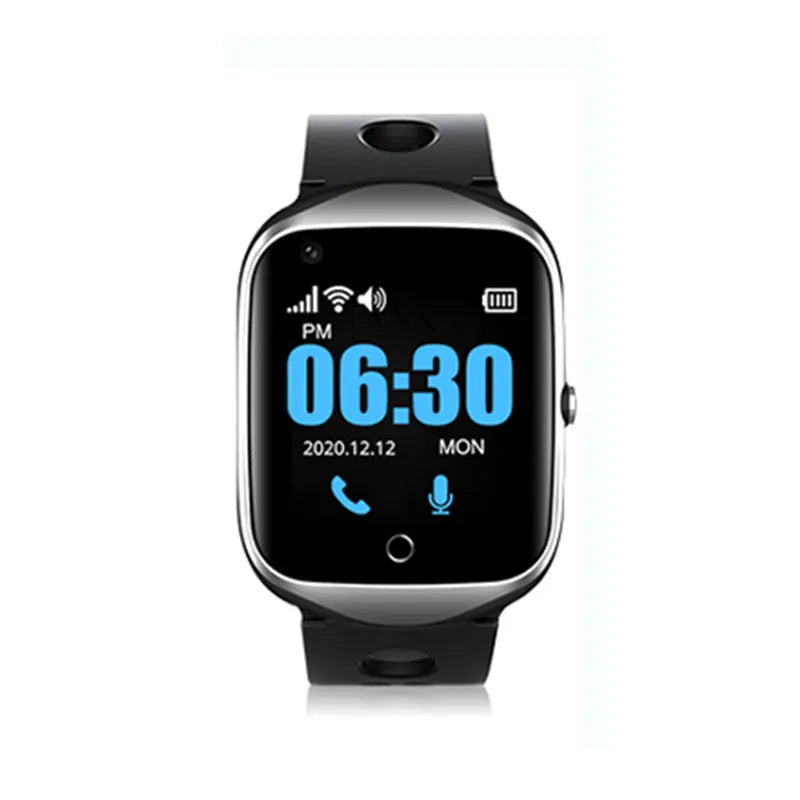 Square faced elderly smartwatch with GPS and SIM card slot on a silicone strap, shown in black, blue, and silver.