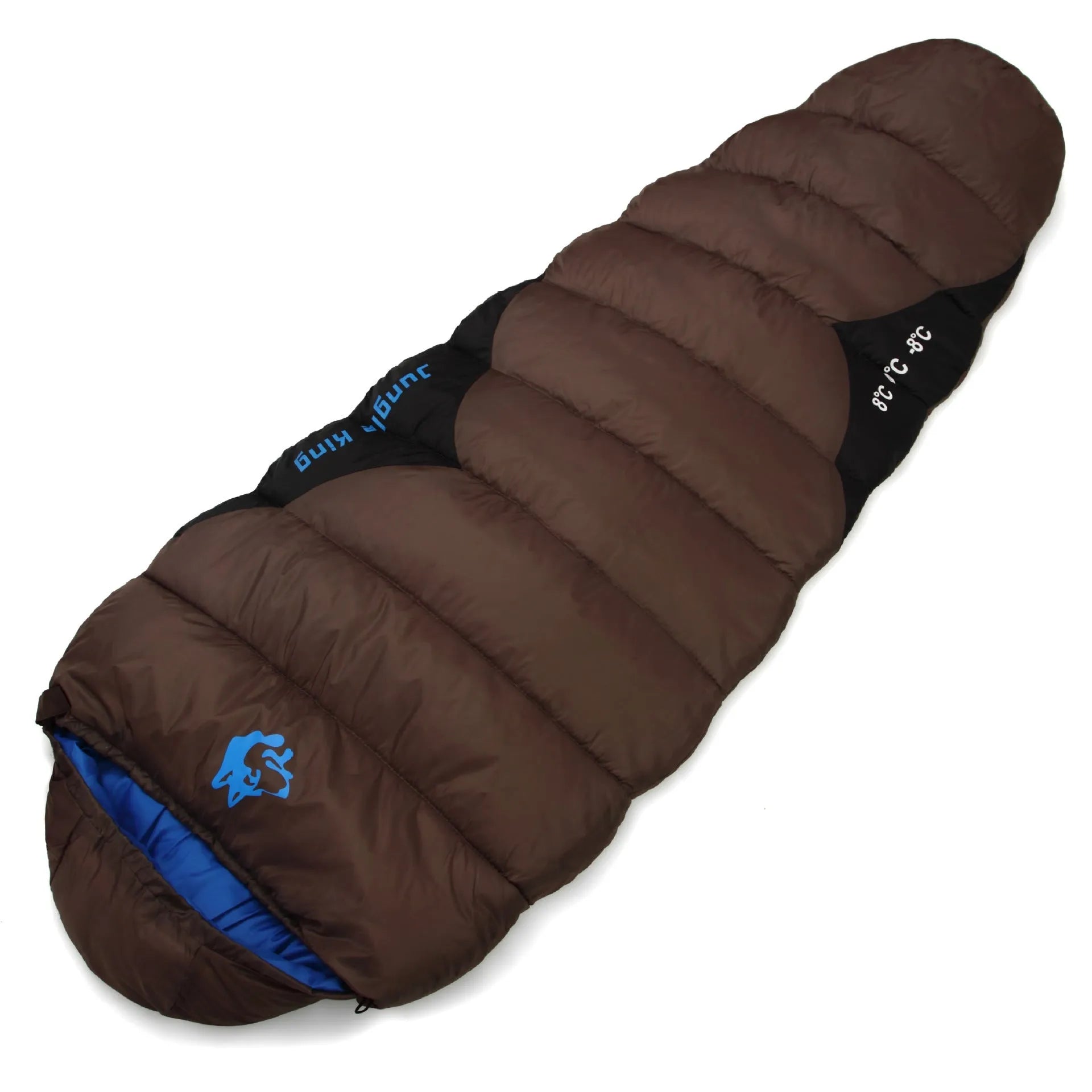 Cotton-filled camping sleeping bag in army green with its grey compression storage bag.