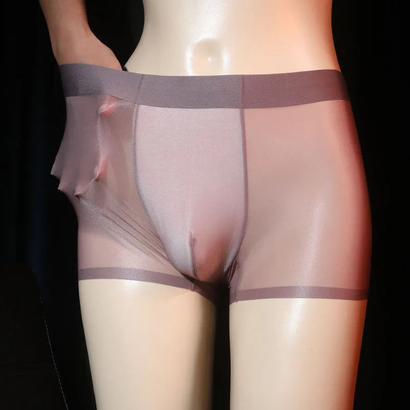 Men's ultra-thin transparent nylon boxer underwear shown in light gray, dark gray, skin colour, brown, cyan, and light blue.