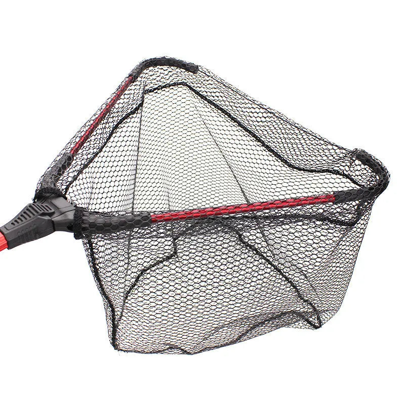 Red aluminium alloy triangular folding dip net collapsed to 47cm length on grass
