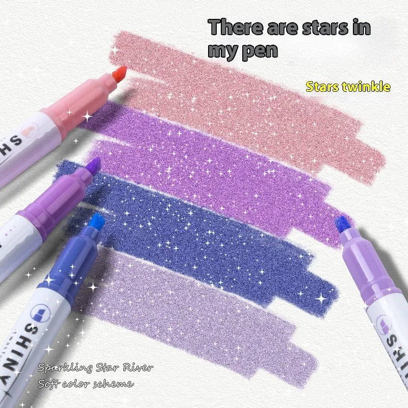 Set of four Star River glitter fluorescent highlighter pens with slanted tips in assorted glitter colours.