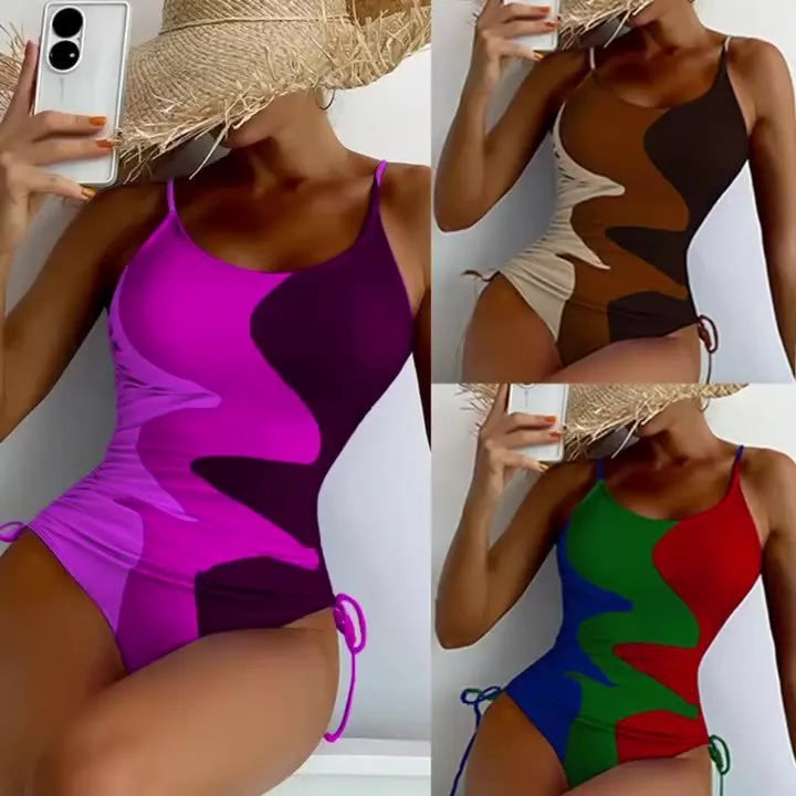 Women's sleeveless one-piece swimsuit in blue, purple, brown, or green colours for swimming sports