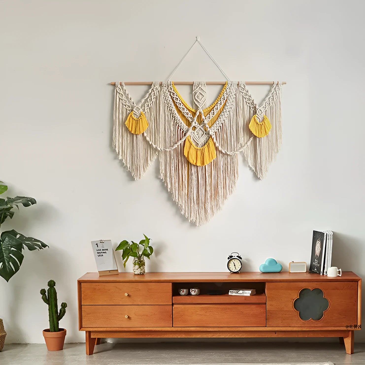 Nordic style creamy white cotton tapestry hand woven textile 120cm by 95cm rectangle wall hanging