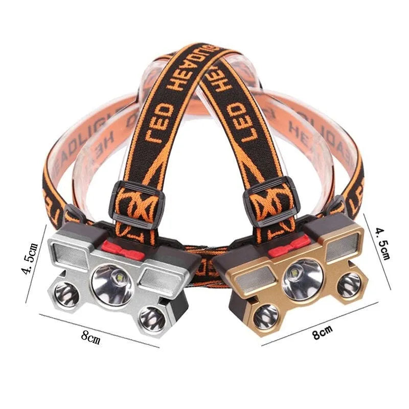 Head-mounted LED miner's lamp with adjustable PVC headband and bright LED light.