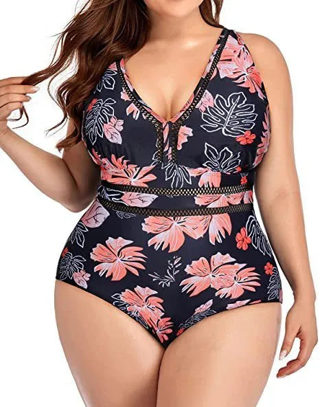 Women's black printed plus size polyester mesh bikini for swimming
