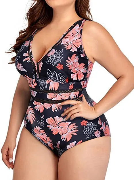 Women's black printed plus size polyester mesh bikini for swimming