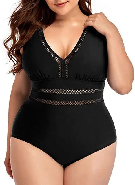 Women's black printed plus size polyester mesh bikini for swimming