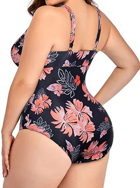 Women's black printed plus size polyester mesh bikini for swimming