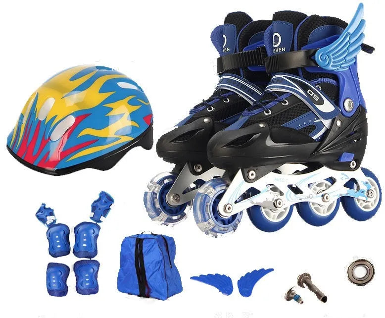 Children's adjustable roller skates in multiple colours with helmet and protective gear