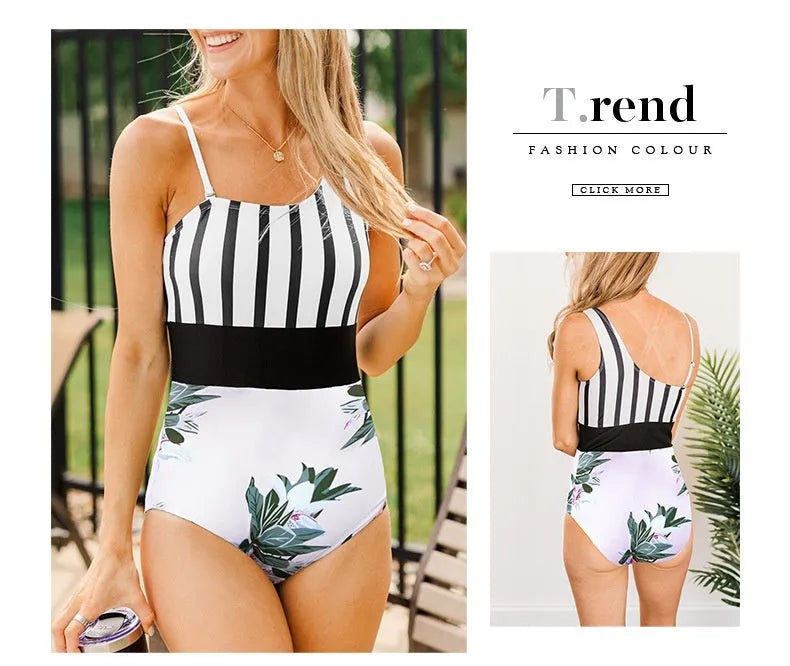 Leopard print women's one-piece swimsuit with asymmetric collar and high waisted briefs style.
