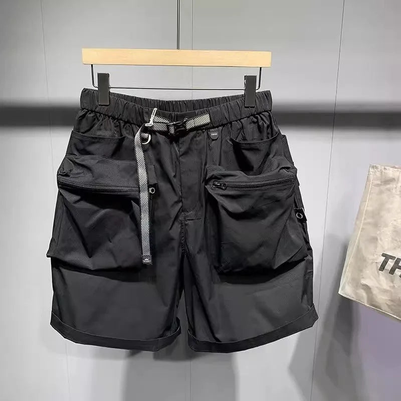 Men's black work shorts with multiple pockets and above-knee length