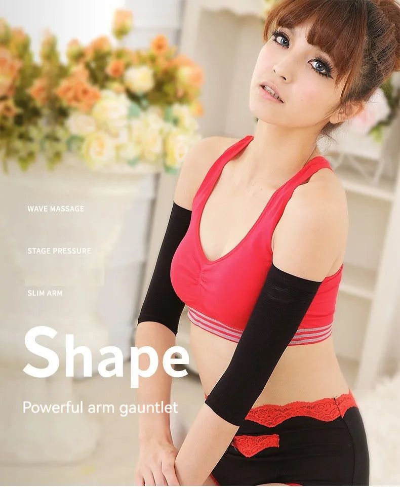 Women's free size shaping arm sleeves in black and skin colour made from nylon fabric