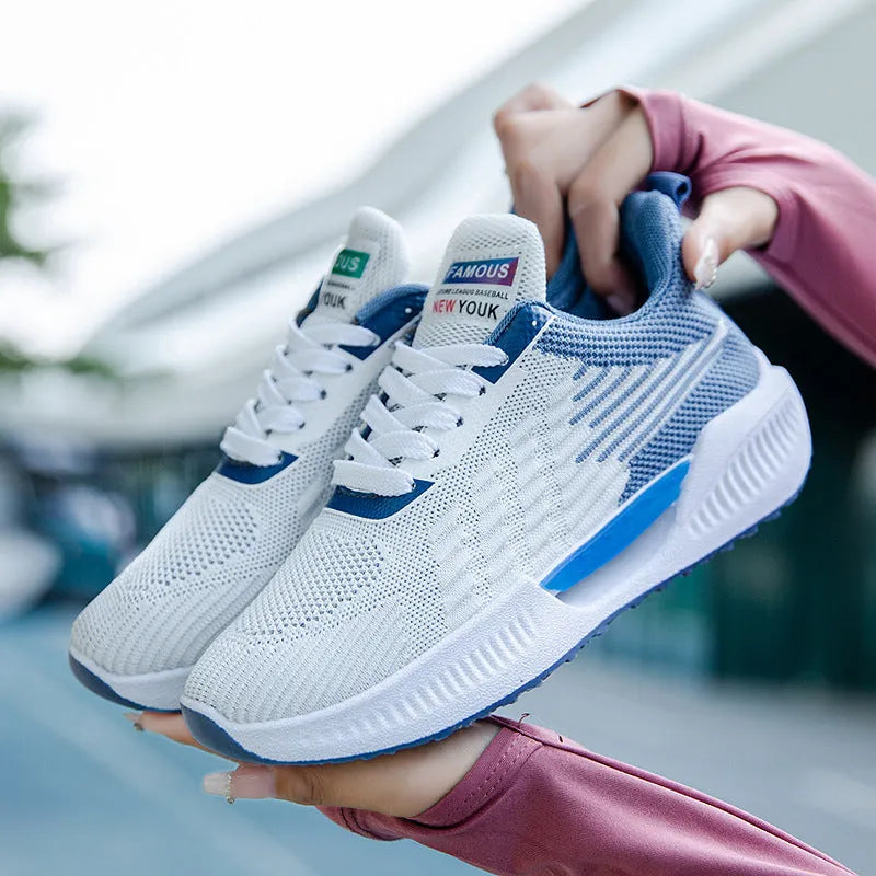 Men's blue casual sports mesh shoes with cloth upper and round toe on a wear-resistant plastic sole