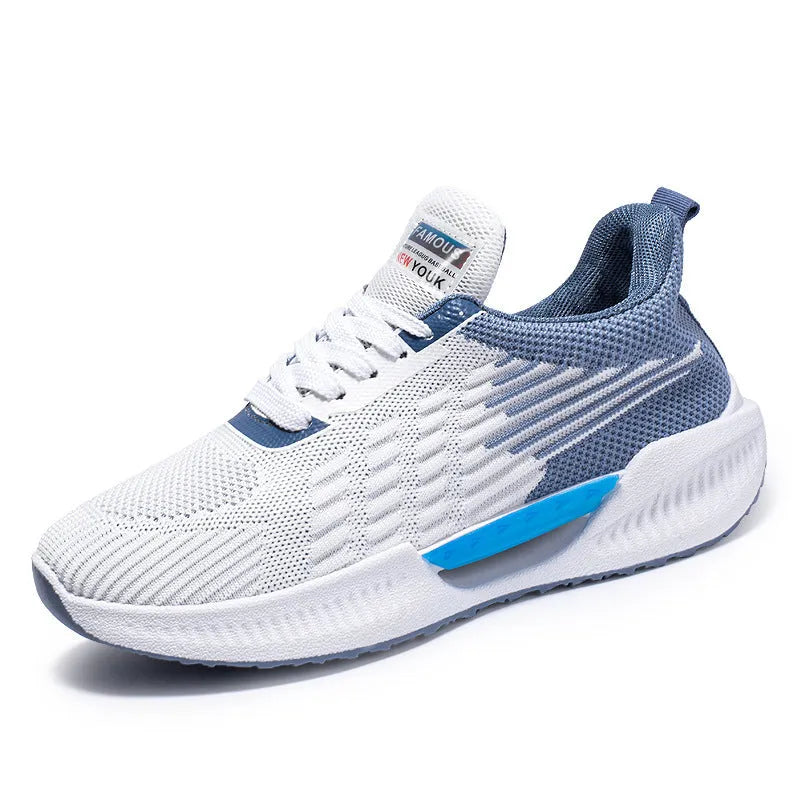 Men's blue casual sports mesh shoes with cloth upper and round toe on a wear-resistant plastic sole