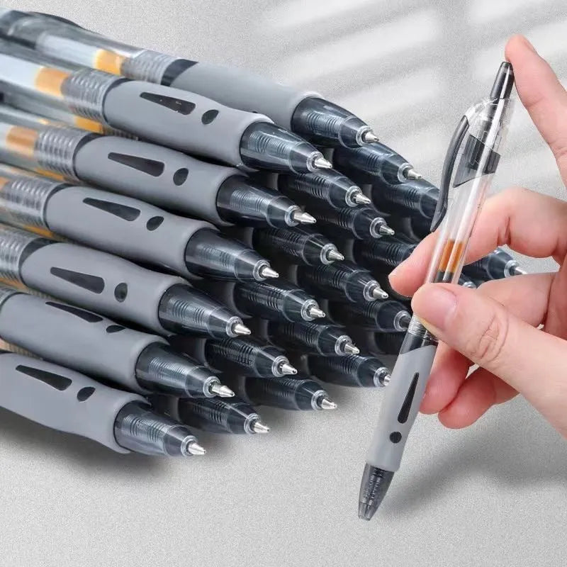 A 0.5mm tip gel pen available in black, blue, or red ink colours.