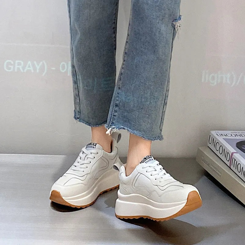 Women's beige cattlehide leather casual sports shoes with English muffin heel and cross strap design