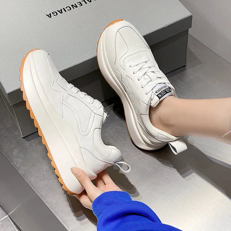 Women's beige cattlehide leather casual sports shoes with English muffin heel and cross strap design