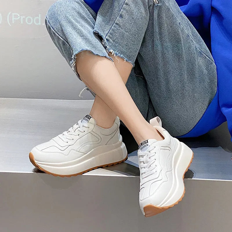 Women's beige cattlehide leather casual sports shoes with English muffin heel and cross strap design