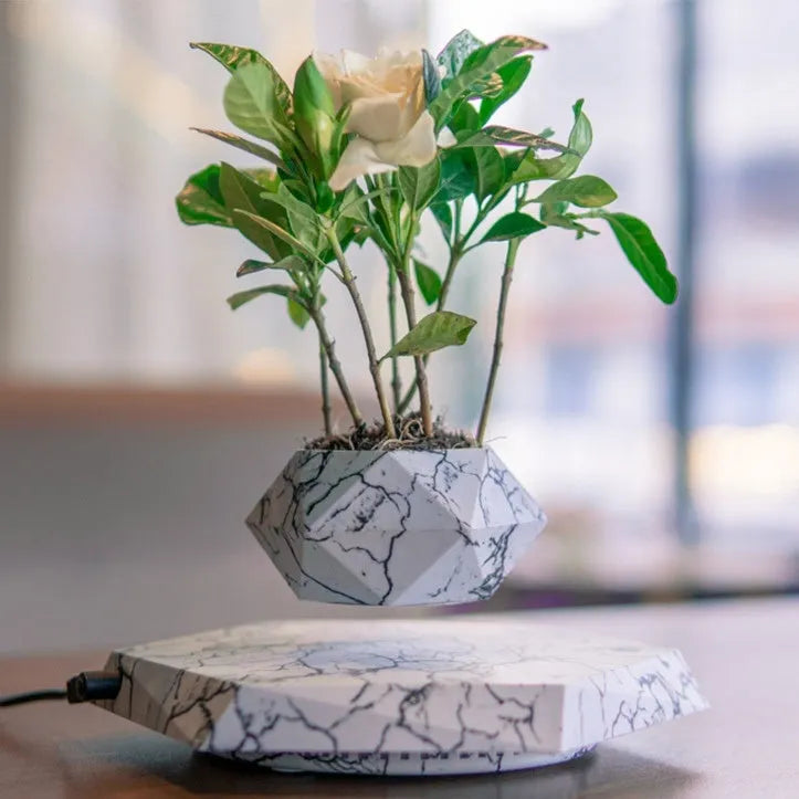 Small marble-colour magnetic levitating plant pot rotating above its base