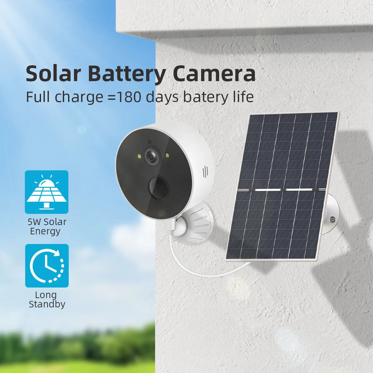 Outdoor security camera with attached solar panel for wireless property monitoring