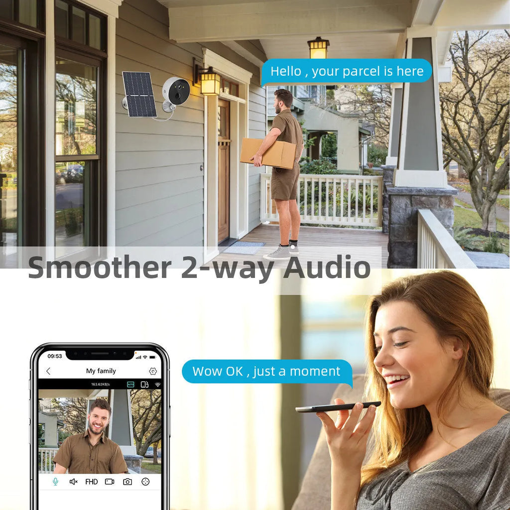 Outdoor security camera with attached solar panel for wireless property monitoring