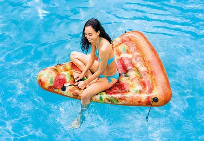 Inflatable pizza float surfboard recliner with vibrant slice design floating on water