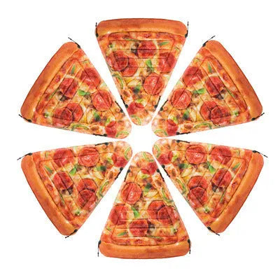 Inflatable pizza float surfboard recliner with vibrant slice design floating on water
