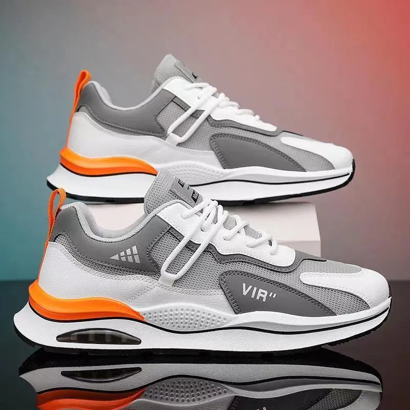 Men's grey breathable mesh casual trainers with a round toe and lightweight EVA sole.