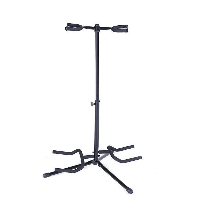 Black vertical double-headed adjustable guitar stand for electric and acoustic guitars