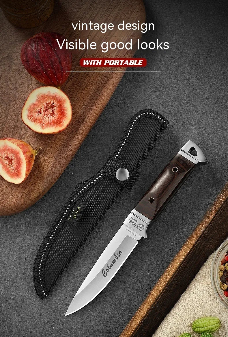 Stainless steel national style folding camping knife displayed with its leather storage case.