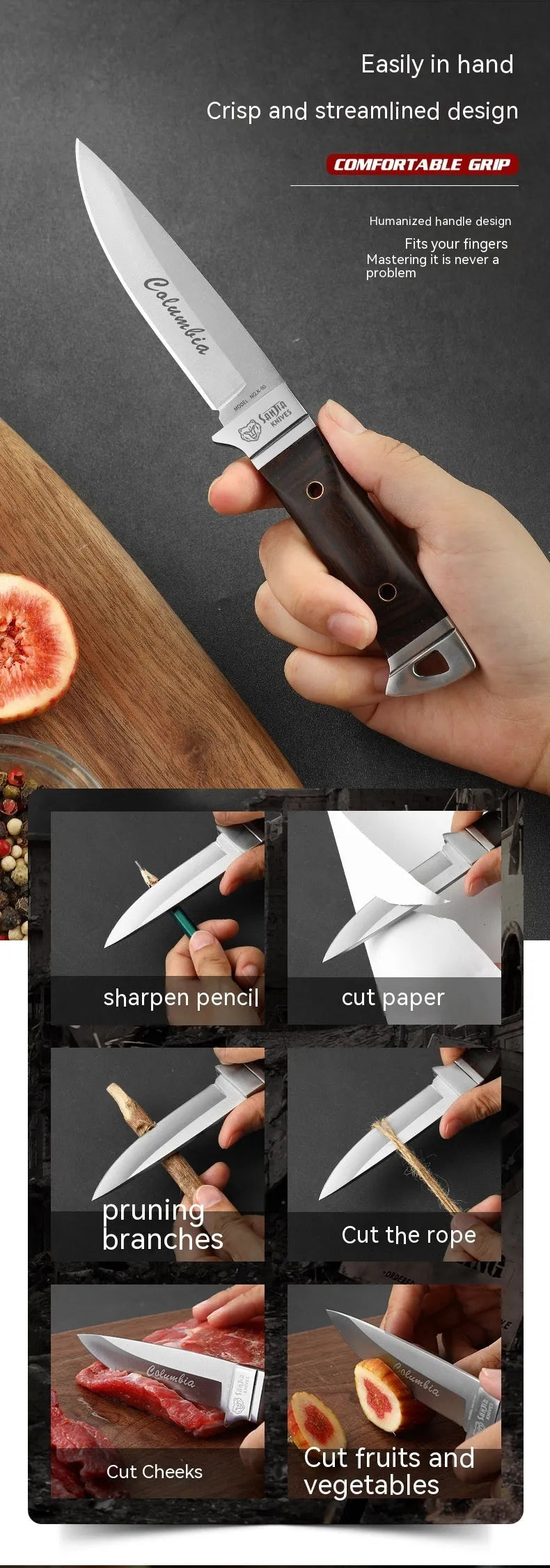 Stainless steel national style folding camping knife displayed with its leather storage case.