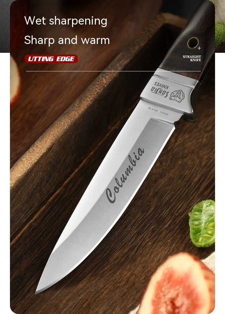 Stainless steel national style folding camping knife displayed with its leather storage case.