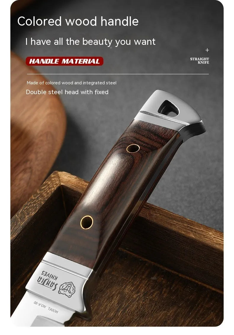 Stainless steel national style folding camping knife displayed with its leather storage case.