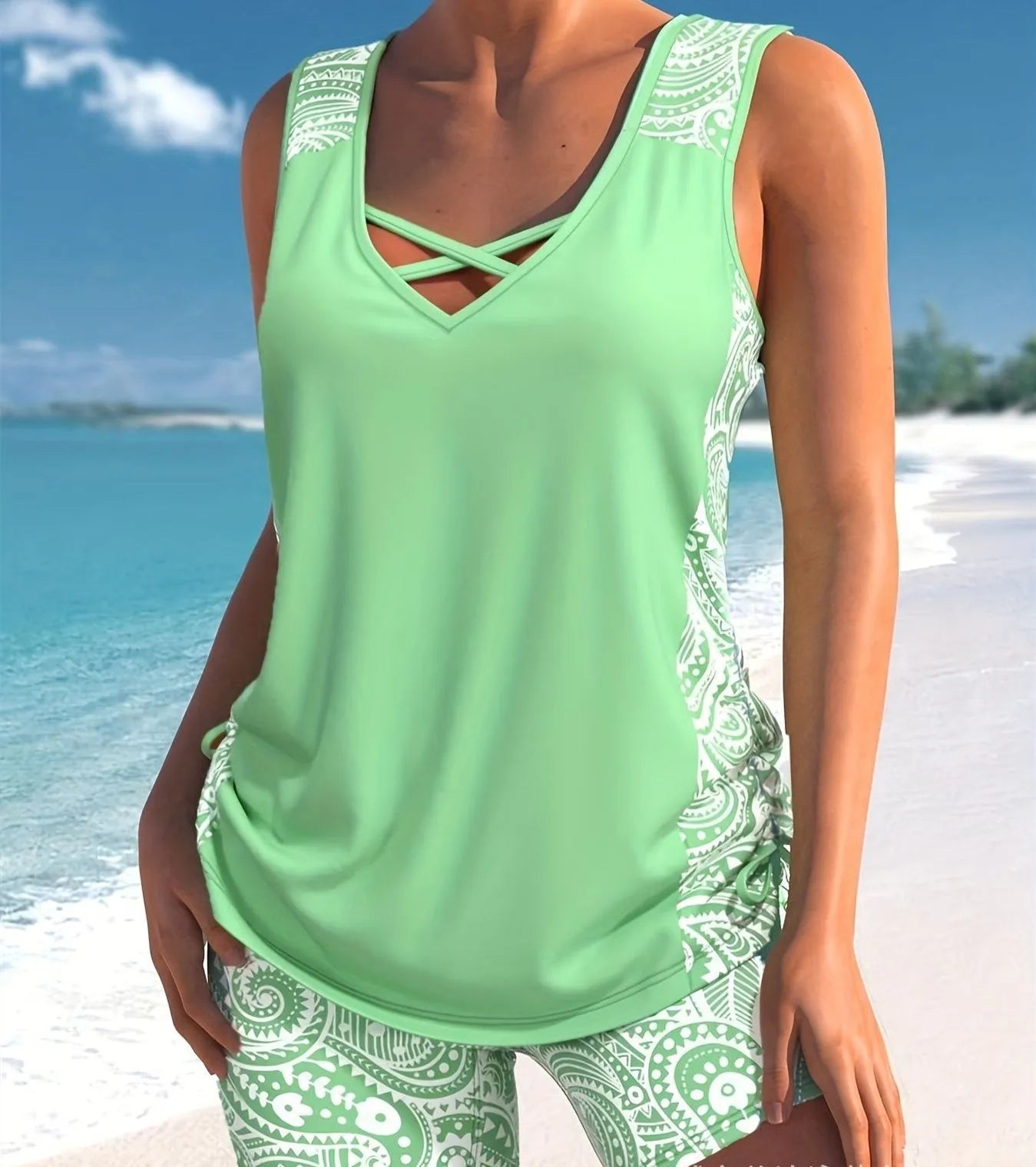 Women's printed split boxer swimsuit set with top and shorts on a mannequin