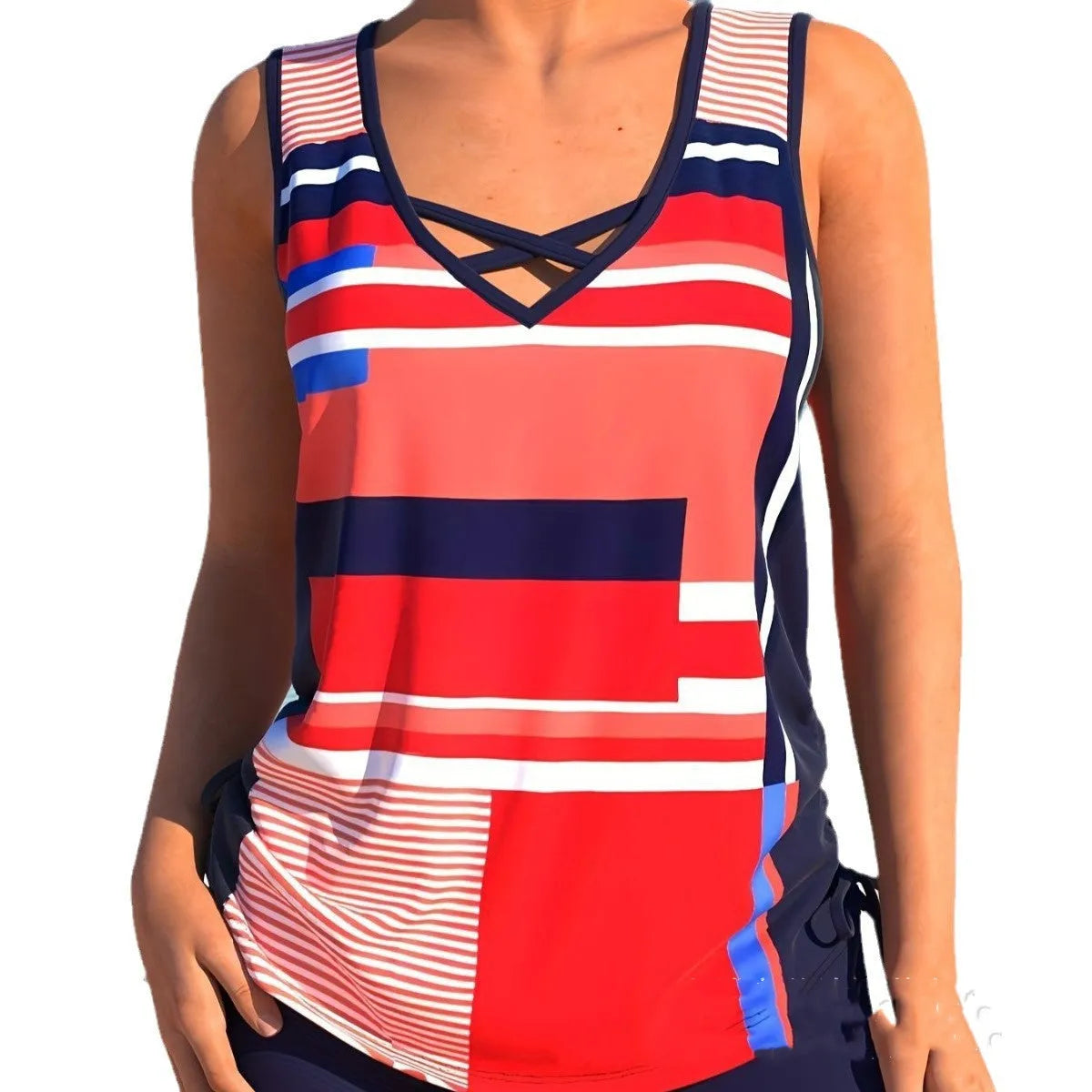 Women's printed split boxer swimsuit set with top and shorts on a mannequin