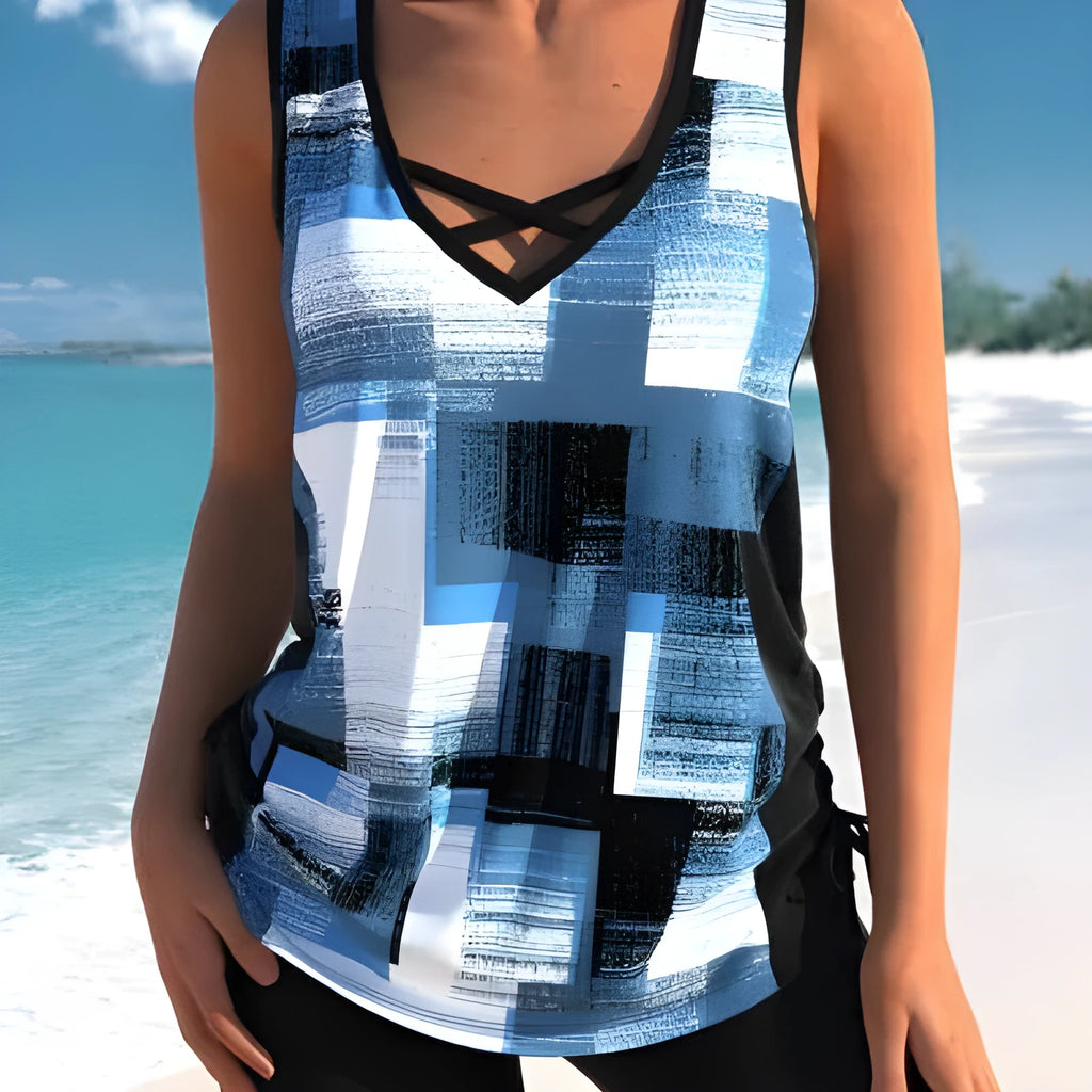 Women's printed split boxer swimsuit set with top and shorts on a mannequin