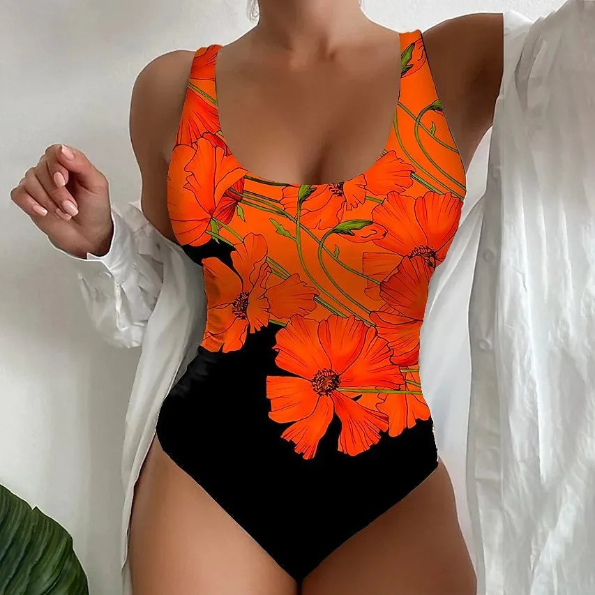 Women's one-piece swimsuit with 3D printed pattern in orange red, purple, and sky blue colours