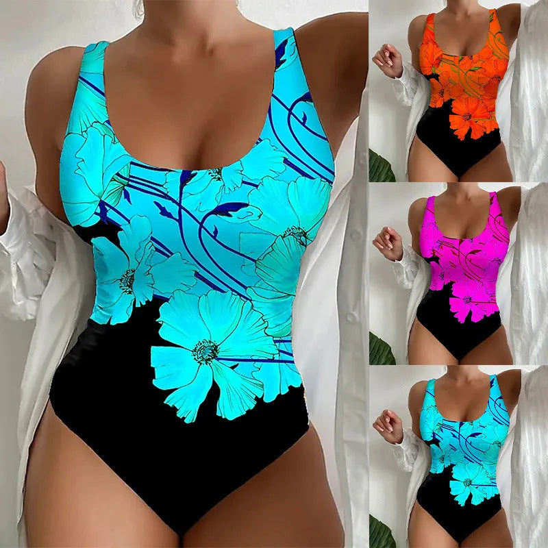 Women's one-piece swimsuit with 3D printed pattern in orange red, purple, and sky blue colours