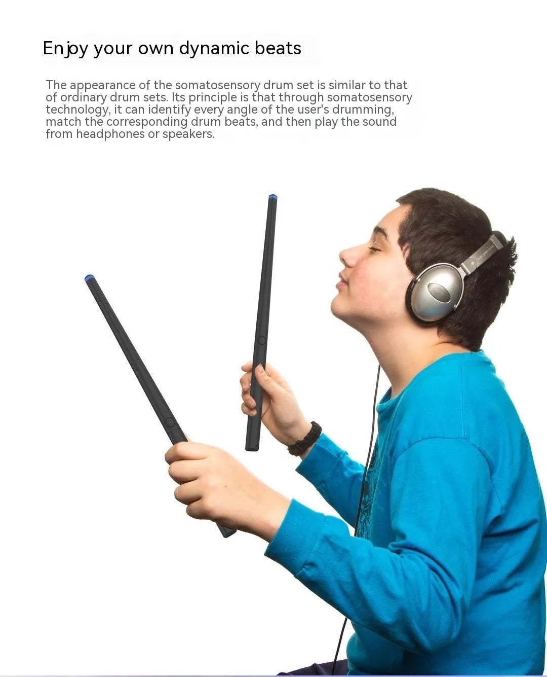 Black somatosensory air drum kit virtual AR toy with wireless drumsticks and stomp pedal controller.