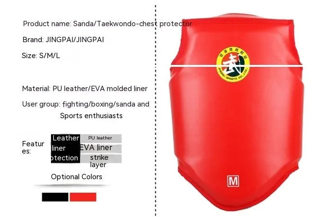 Red boxing helmet and matching one-piece chest protector set for training.
