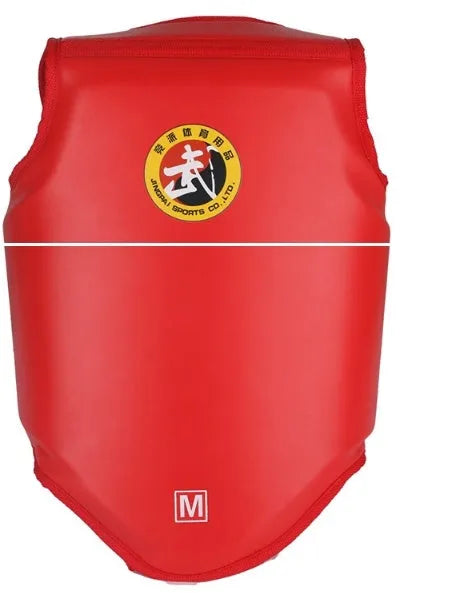 Red boxing helmet and matching one-piece chest protector set for training.