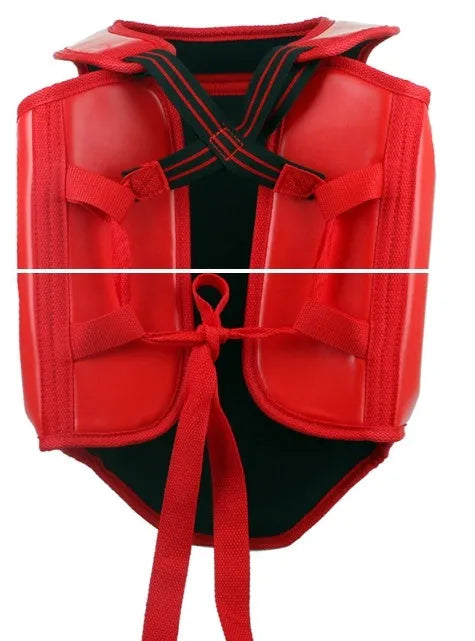 Red boxing helmet and matching one-piece chest protector set for training.